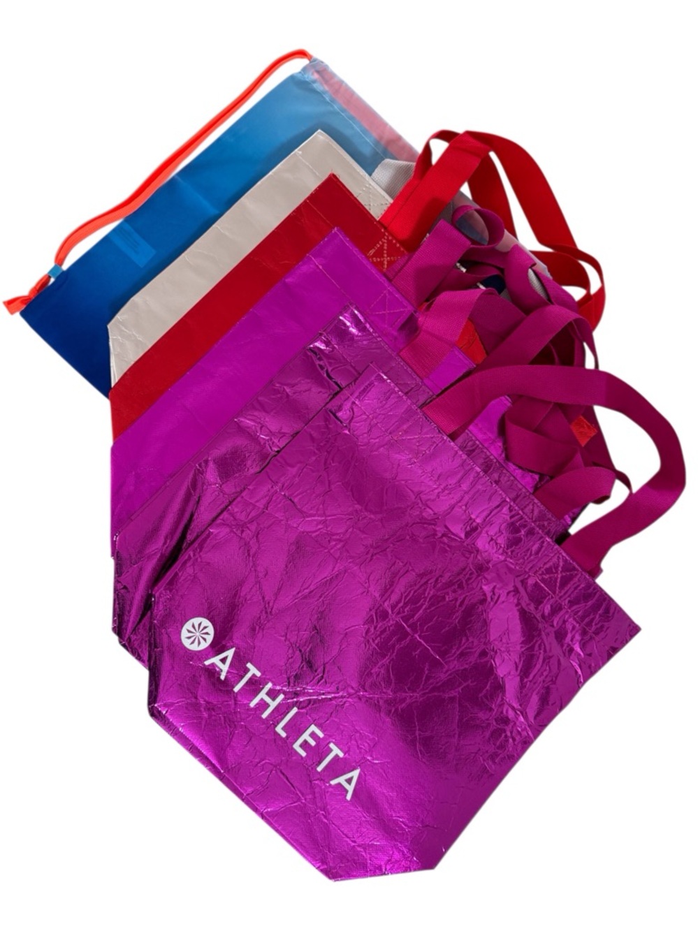 Athleta Reusable Tote Bag Lot of 6 Metallic Multicolor + Girl Drawstring